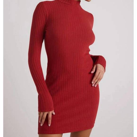NEW BELLA DAHL mini mock neck rib dress in red mahogany
